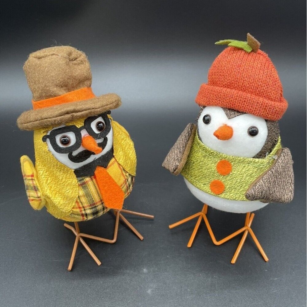 Autumn Fall Decor Birds Figurines Anthropomorphic Metal Leg Kitsch Orange Yellow - Picture 1 of 8